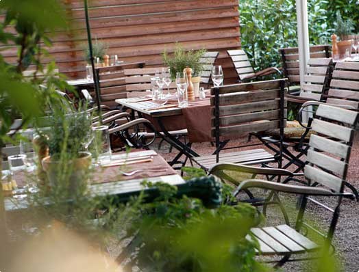 Gastgarten, © Babenbergerhof Ein gemütlicher Gastgarten mit Holztischen und -stühlen, gedeckt mit Gläsern und Besteck, umgeben von Pflanzen.