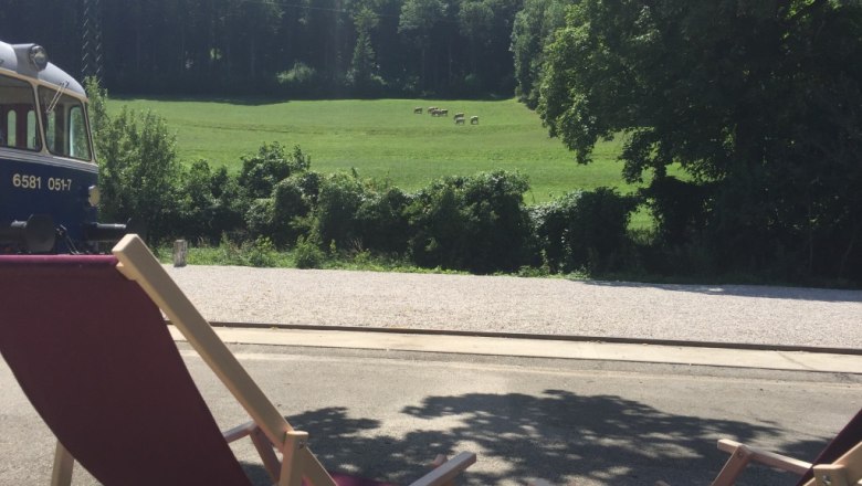 Liegestuhl mit Blick Richtung Wald und Wiese, © M. Schorn Liegestuhl mit Blick Richtung Wald und Wiese, © M. Schorn