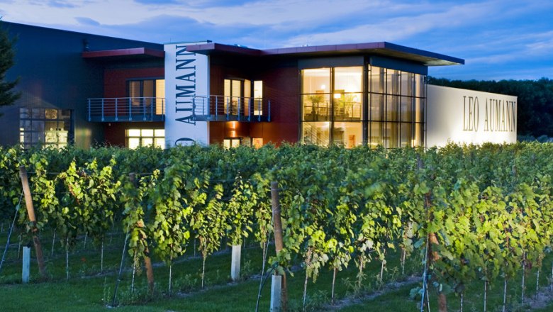 Betrieb, © Weingut Aumann Weingut Leo Aumann bei Dämmerung mit beleuchtetem Gebäude und Weinreben im Vordergrund.