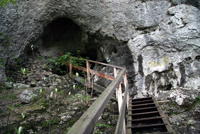 Furth an der Triesting, © Steinwandklamm Eingang zu einer Höhle mit Holztreppe und Geländer.