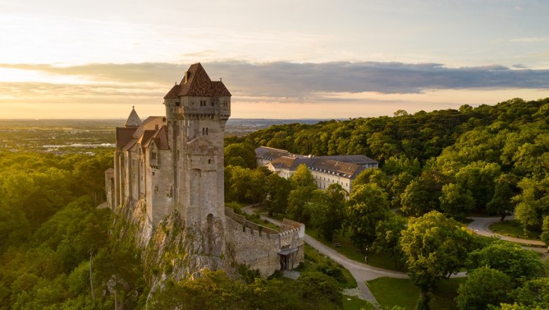 Liechtenstein Castle, © Burgverwaltung L.Fasching e.U. Liechtenstein Castle on a hill, surrounded by forest, at sunset.
