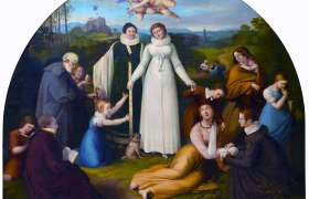 Votivbild der Gräfin Vargemont, © Museum Mödling Historisches Gemälde mit einer Frau in Weiß, umgeben von Menschen in einer Landschaft. Zwei Engel schweben über ihr.