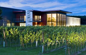 Betrieb, © Weingut Aumann Weingut Leo Aumann bei Dämmerung mit beleuchtetem Gebäude und Weinreben im Vordergrund.