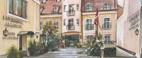 Gemälde eines Innenhofs mit Gebäuden und Fahnen.