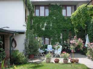 Ein gemütlicher Innenhof mit Pflanzen und Gartenmöbeln.