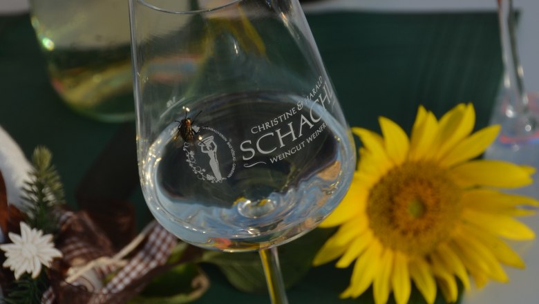 Wine glass with bow tie, sunflowers and wine bottles.