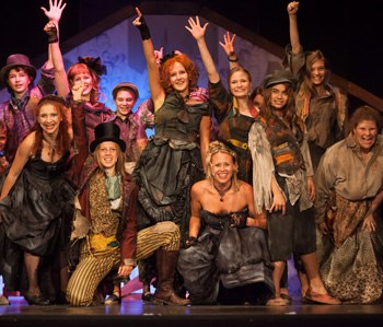 Theater group in colorful costumes on the stage of the Stadttheater M&ouml;dling.