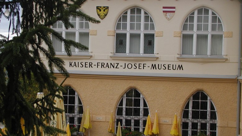 Facade of the Kaiser-Franz-Josef-Museum with windows and coat of arms.