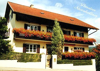 Ein zweist&ouml;ckiges Haus mit roten Blumen auf den Balkonen, beschriftet mit 'Pension Steinkellner'.