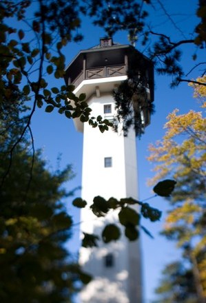 Ein weißer Aussichtsturm ragt in den blauen Himmel, umgeben von Bäumen mit Herbstlaub.