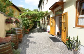 Eingang eines Heurigen mit gelben T&uuml;ren, Pflastersteinen und Pflanzen.