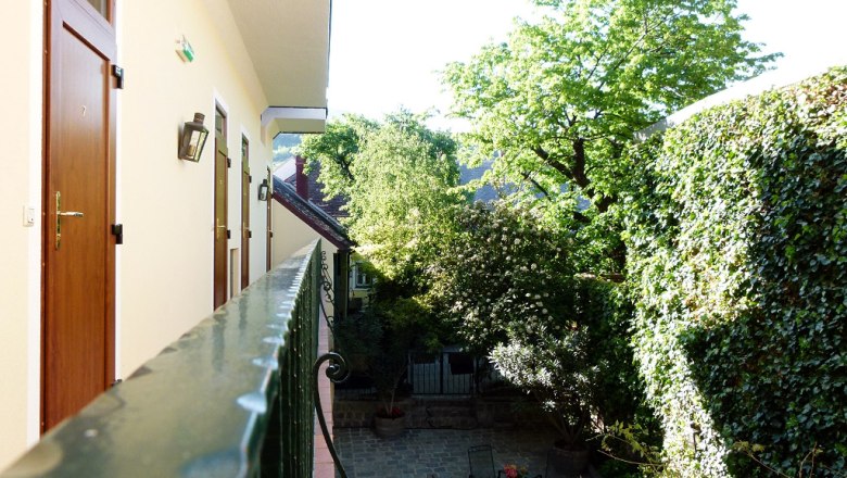 Blick von einem Balkon auf einen grünen Innenhof mit Bäumen und Kletterpflanzen.