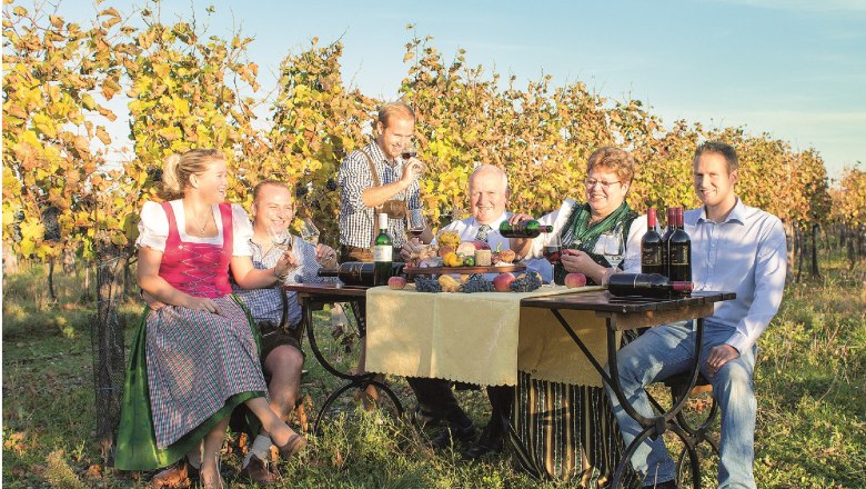 Eine Familie sitzt an einem Tisch im Weinberg und genie&szlig;t Wein und Snacks.