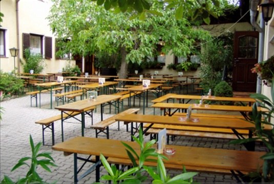Ein leerer Biergarten mit Holzbänken und Tischen unter Bäumen.