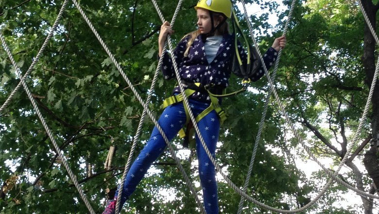 Child climbing high ropes in a climbing park surrounded by trees.