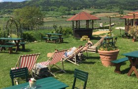 Garten mit Liegestühlen und Tischen, im Hintergrund Hügel und blauer Himmel.