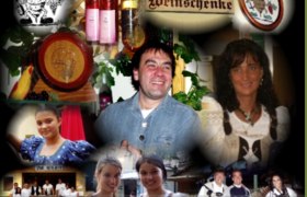Collage von Menschen in traditioneller Kleidung und Weinschildern.