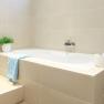 Modernes Badezimmer mit Badewanne, Handtuch, Pflanze und Toilettenpapier.