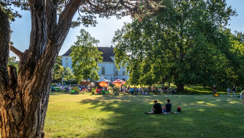 Menschen entspannen im Park unter Bäumen, mit einem großen Gebäude im Hintergrund.