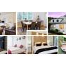 Collage von Innen- und Außenansichten eines modernen Hauses mit Wohnzimmer, Esszimmer, Schlafzimmern und Terrasse.