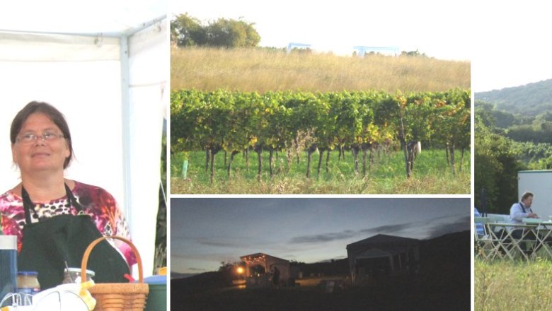 Menschen an einem Stand auf der Genussmeile 2014, Weinreben und Landschaft im Hintergrund.