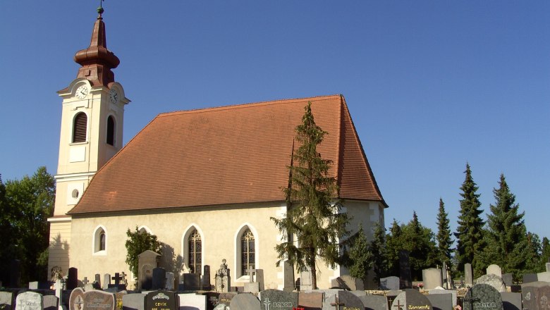 Außenansicht einer Kirche mit Friedhof im Vordergrund und blauem Himmel.