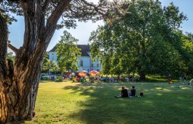 Menschen entspannen im Park unter Bäumen, mit einem großen Gebäude im Hintergrund.