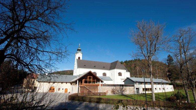 Pilgrimage church Klein-Mariazell with blue sky and trees in the foreground.