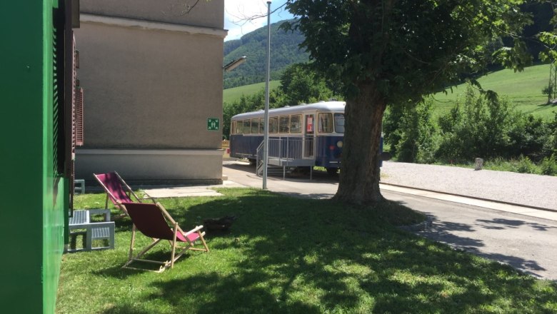 View from the front garden towards the station building, &copy; M. Schorn