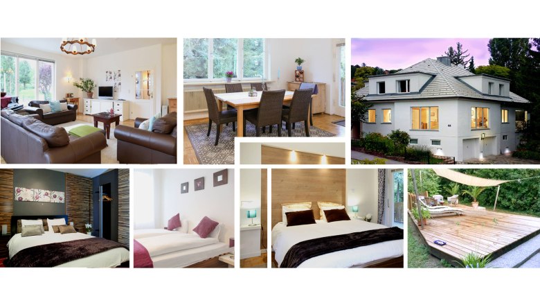 Collage von Innen- und Au&szlig;enansichten eines modernen Hauses mit Wohnzimmer, Esszimmer, Schlafzimmern und Terrasse.