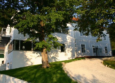 Wei&szlig;e Villa mit gro&szlig;en Fenstern und einem Baum im Vordergrund.