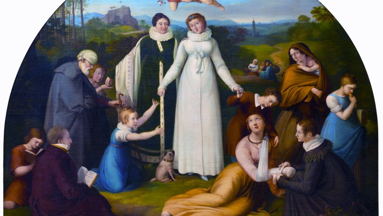 Historical painting with a woman in white, surrounded by people in a landscape. Two angels hover above her.