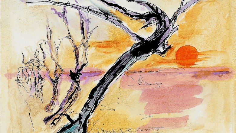 Gemälde eines Weinstocks vor einem orangefarbenen Sonnenuntergang.